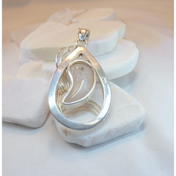 Sterling Silver Rose Quartz Gemstone Large Artisan Pendant Yin Yang 26g - Picture 6 of 7